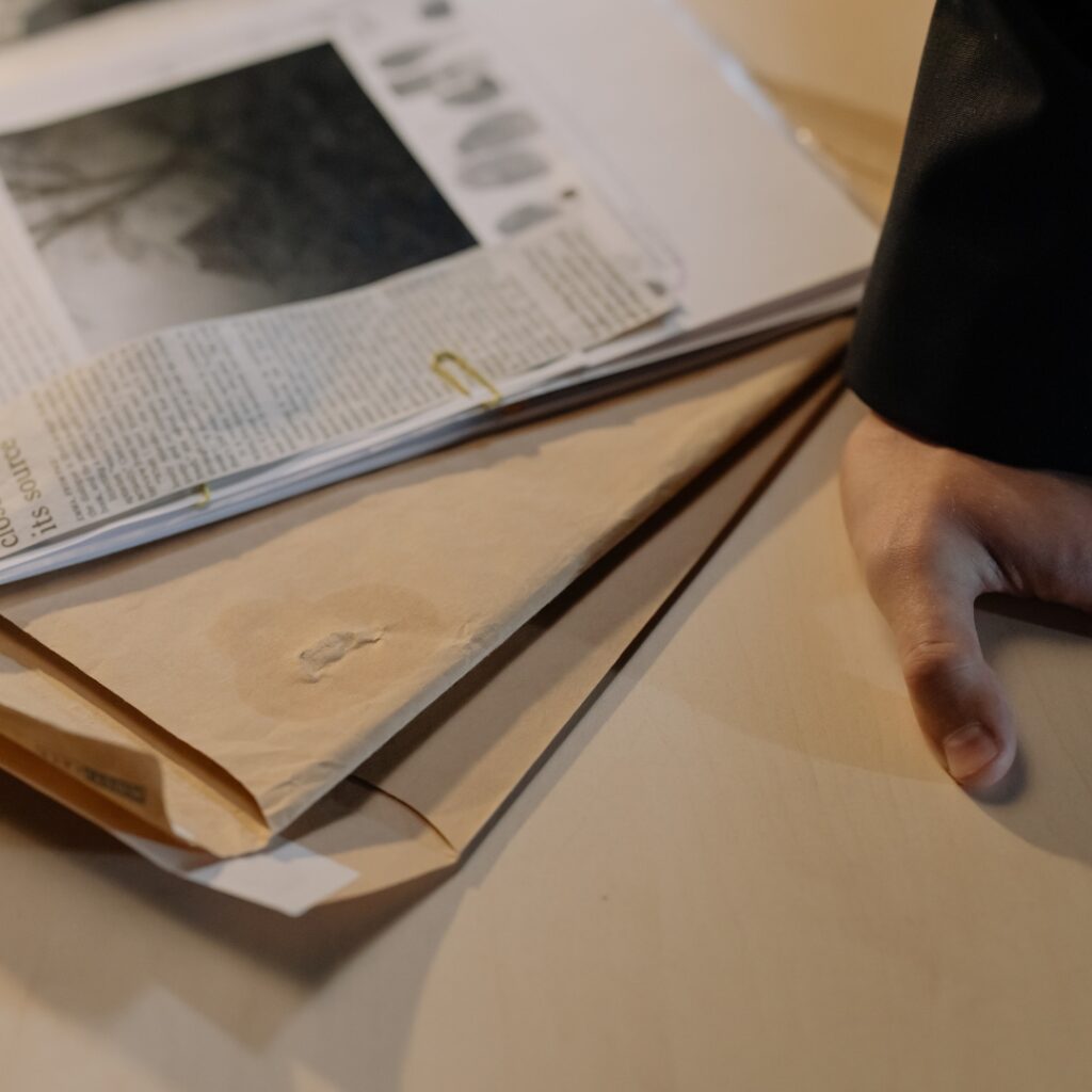evidence, newspapers and materials in folder